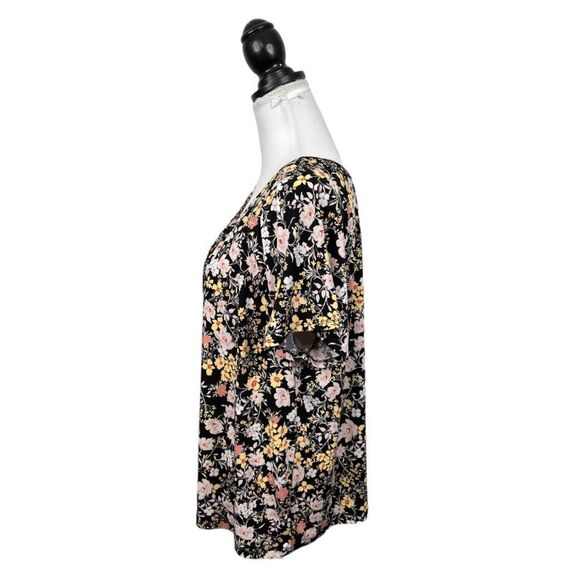 Liz Claiborne Blouse Size OX Black Floral Slinky Keyhole Pleated Front Work Top - Picture 7 of 11